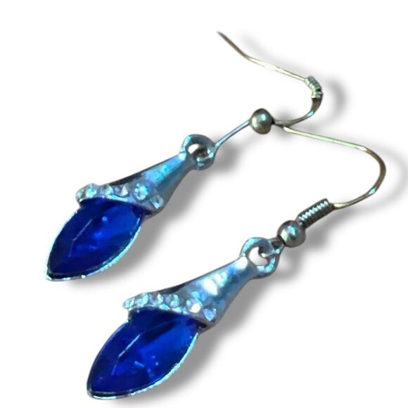Blue Tulip-Inspired Dangle Earrings – 1.5”, Silver Tone with Clear Rhinestones - Picture 1 of 7